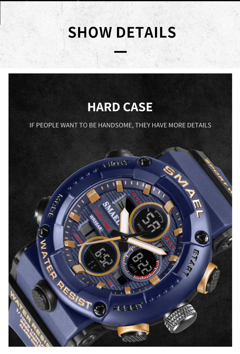 SMAEL Sport Watch for Male Quartz LED Digital Stopwatch Big Dial Clock Waterproof Dual Time Display Wristwatch