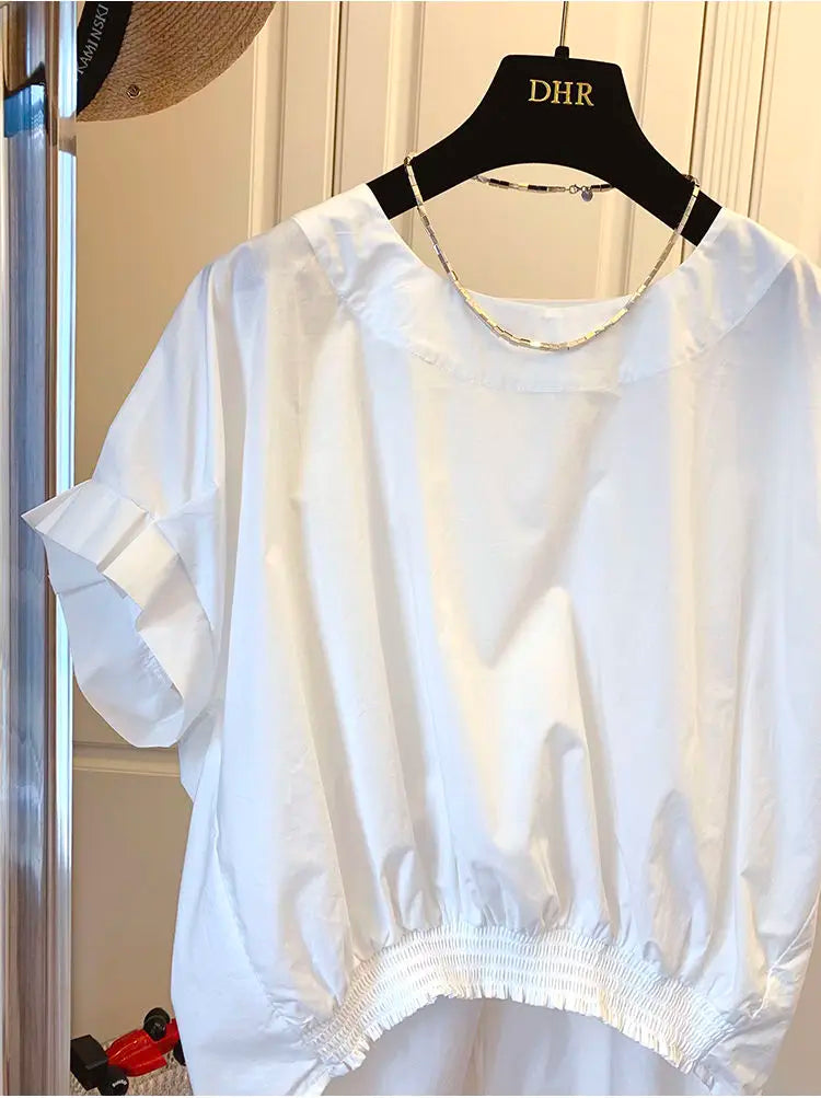 Woherb Cotton Asymmetrical Crop Blouse Women Korean Pleated Bow Bandage Shirt Casual O-neck Solid Elegant Blusas Mujer Moda 2026