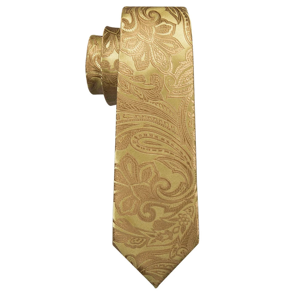 Free Shipping Men's Yellow PaisleyTie Classic Wedding Necktie and Pocket Square Cufflinks Set