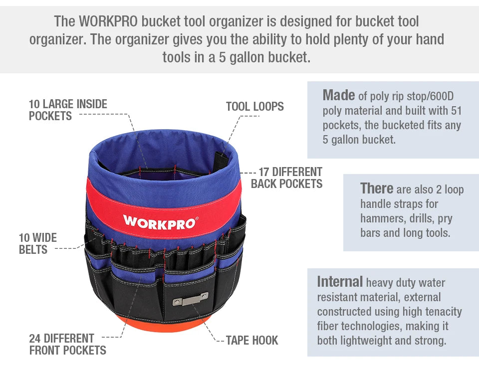 WORKPRO 5 Gallon Bucket Tool Organizer Bucket Boss Tool Bag with 51 Pockets Fits to 3.5-5 Gallon Bucket (Tools Excluded)