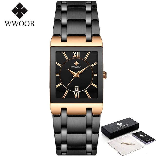 WWOOR Fashion Square White Watches Mens Top Brand Luxury Quartz Wristwatches For Men Casual Waterproof Silver Clock Reloj Hombre