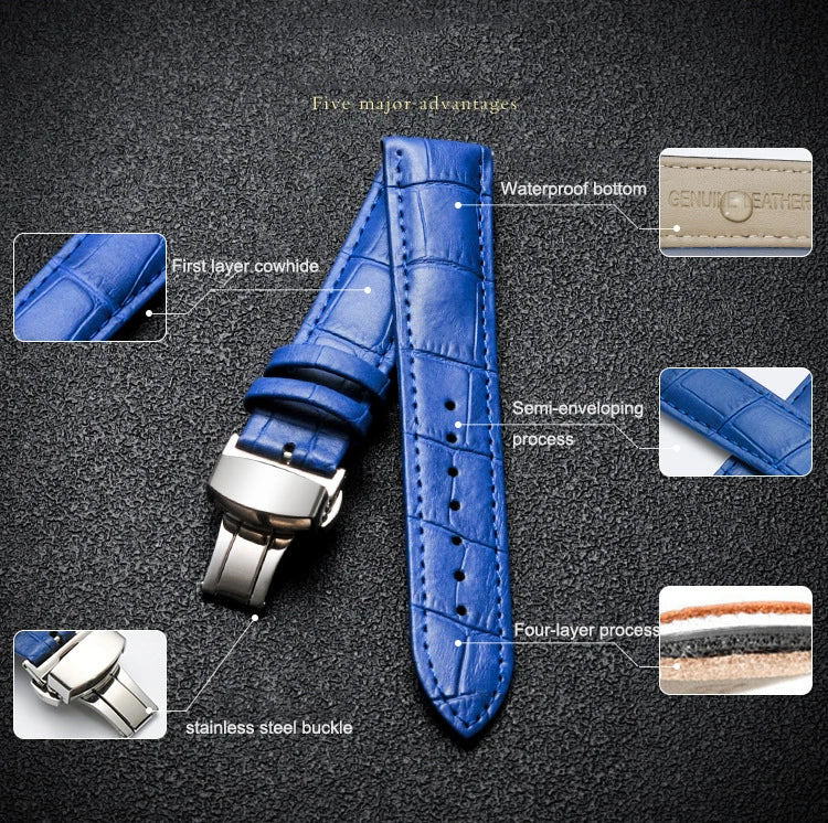 Calfskin Leather WatchBand 12mm 13mm 14mm 15mm 16mm 17mm 18mm 19mm 20mm 21mm 22mm 23mm 24mm Wrist Strap Butterfly Buckle Band