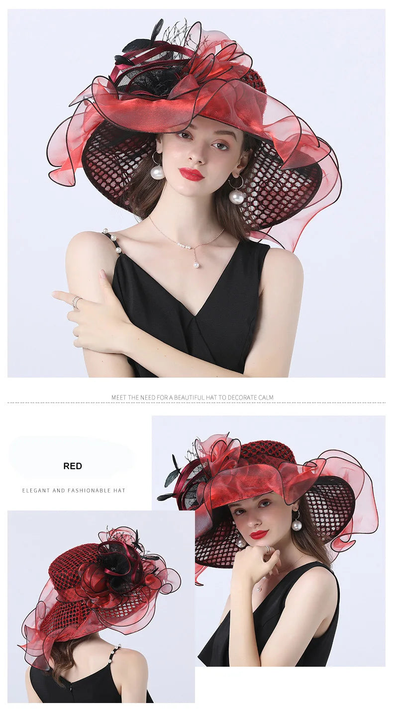 FS Women Organza Red Hats Wedding Fascinators Elegant Big Wide Brim Fedora Kentucky Derby Hats Party Formal Church Ladies Hat