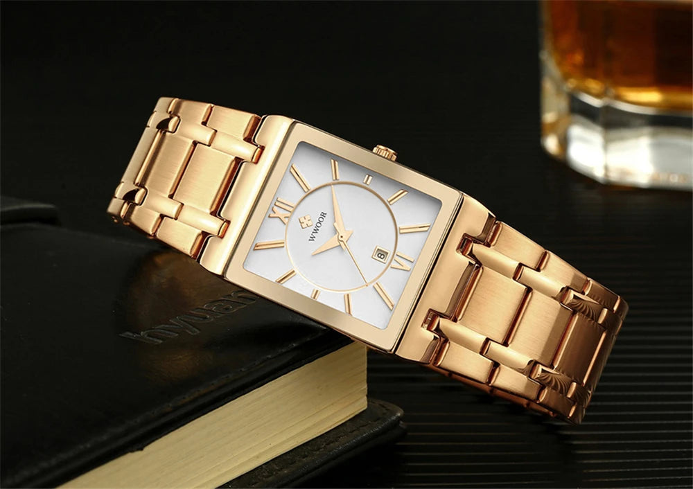 WWOOR Fashion Square White Watches Mens Top Brand Luxury Quartz Wristwatches For Men Casual Waterproof Silver Clock Reloj Hombre