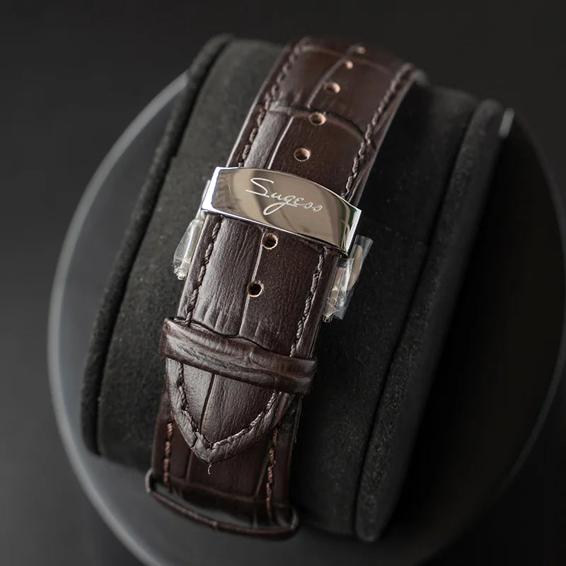 Sugess Chronograph ST1908 Movement Vintage Leather Watch Hand Winding Mechanical 59 Wheels Genuine Moonphase Calendar