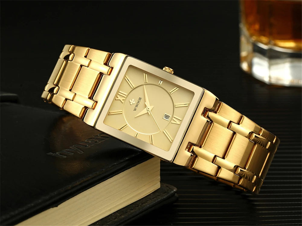 WWOOR Fashion Square White Watches Mens Top Brand Luxury Quartz Wristwatches For Men Casual Waterproof Silver Clock Reloj Hombre