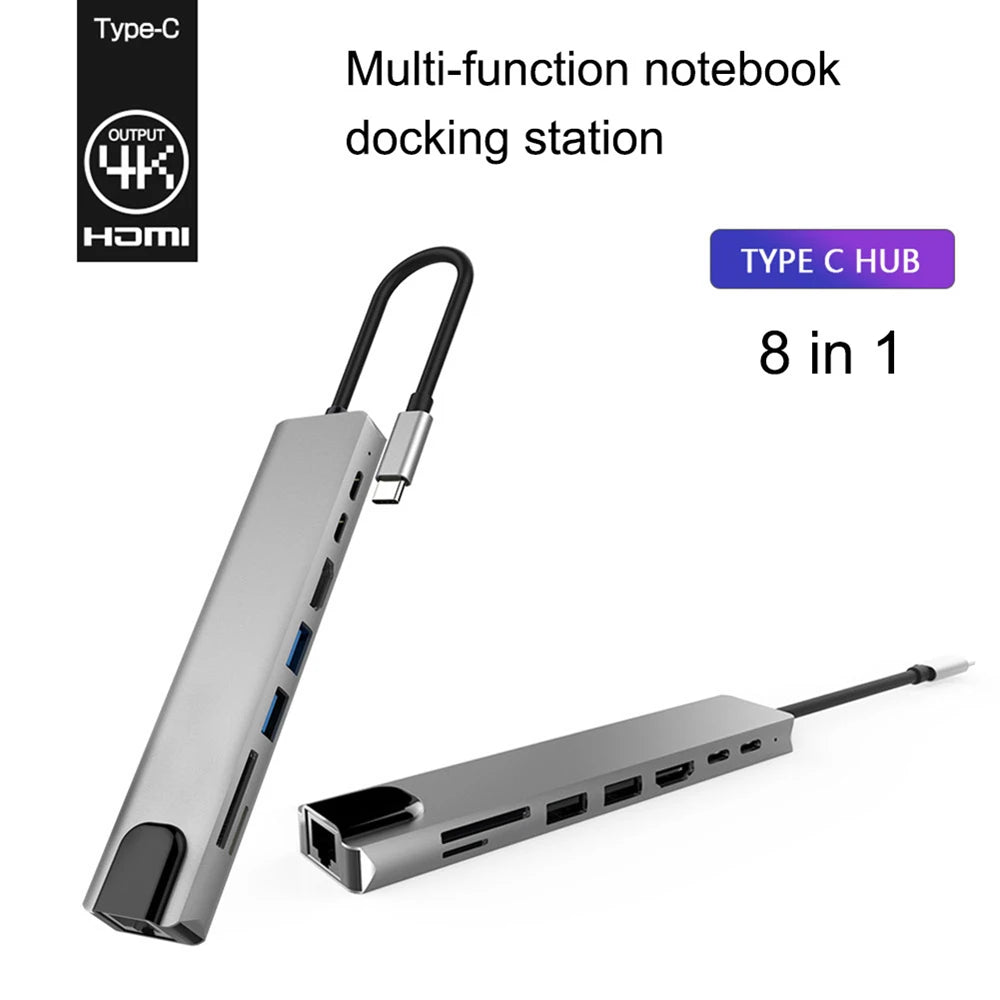 USB C Hub 8 In 1 Type C 3.1 To 4K HDMI Adapter with RJ45 SD/TF Card Reader PD Fast Charge for MacBook Notebook Laptop Computer