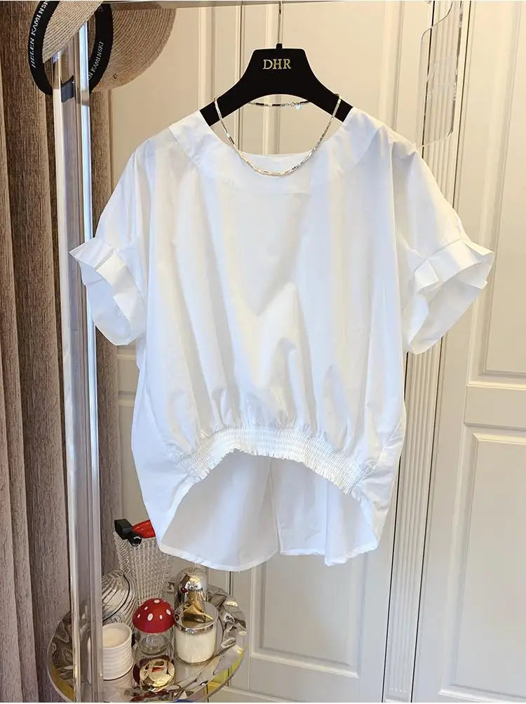 Woherb Cotton Asymmetrical Crop Blouse Women Korean Pleated Bow Bandage Shirt Casual O-neck Solid Elegant Blusas Mujer Moda 2026