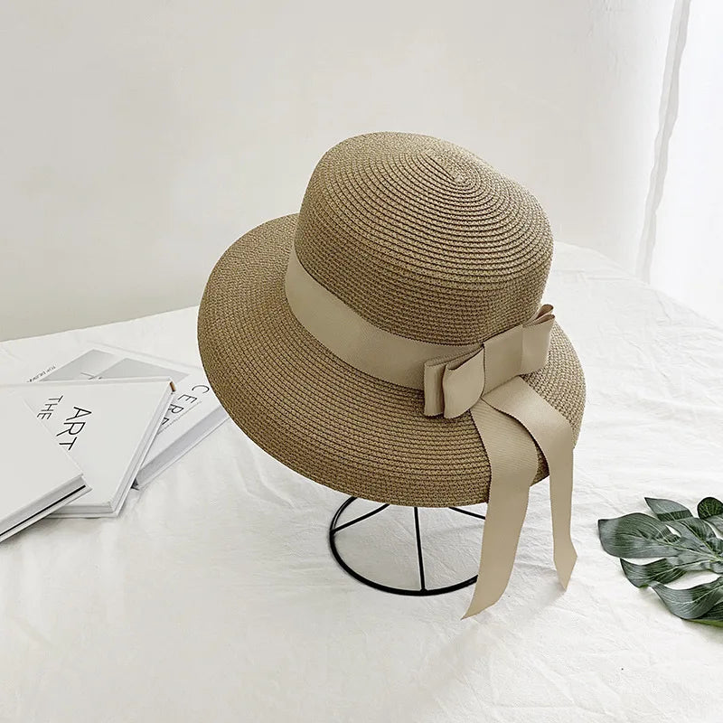 2025 New Summer Sun Hat Bow Straw Hat Visor Temperament Flat Panama Hats Women's Sea Beach Vacation Leisure Sunscreen Hat