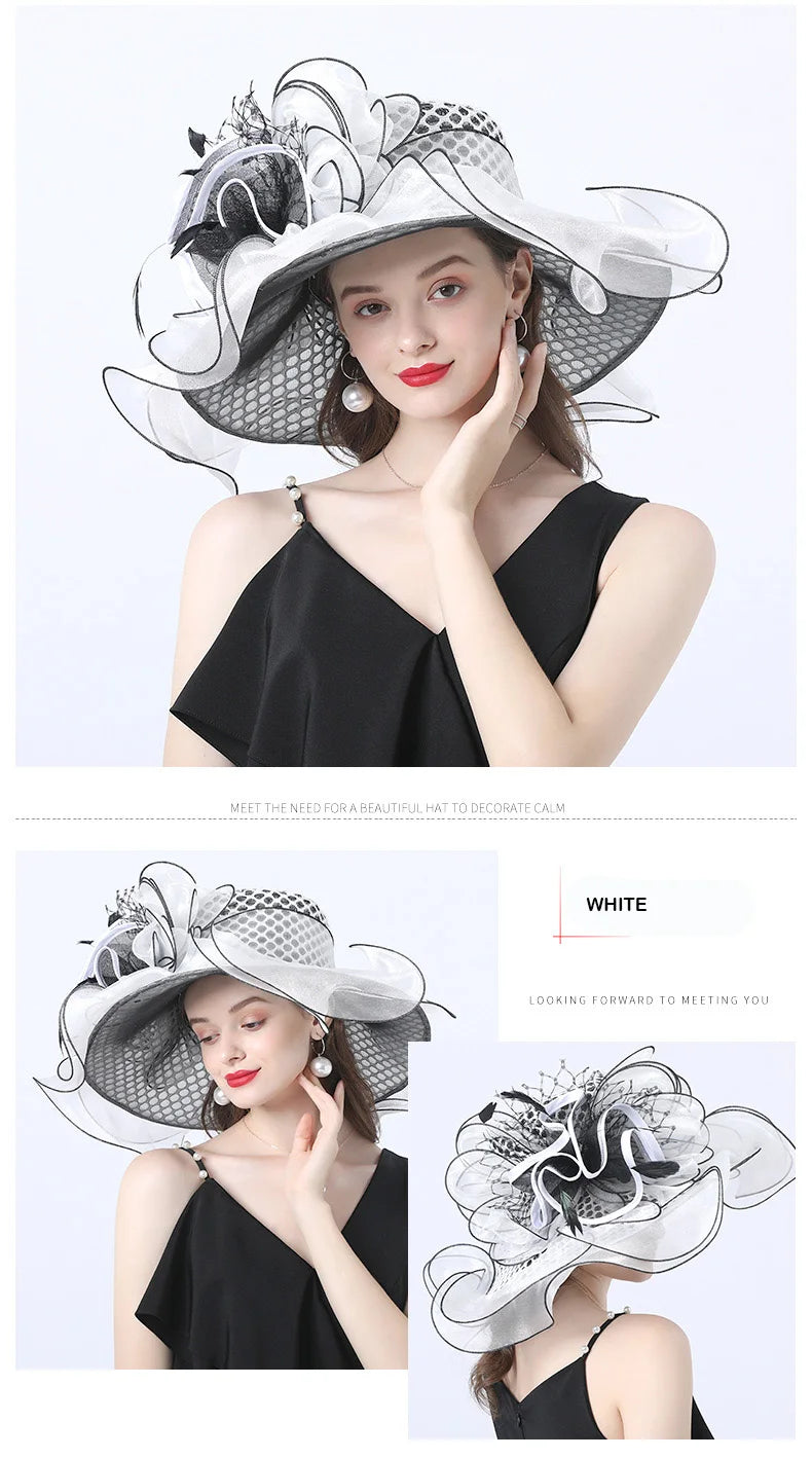 FS Women Organza Red Hats Wedding Fascinators Elegant Big Wide Brim Fedora Kentucky Derby Hats Party Formal Church Ladies Hat