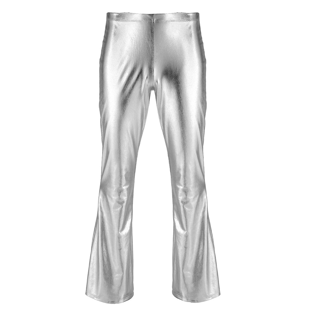 Men Metallic Shiny Flared Pants Retro Disco Costume Elastic Waistband Bell Bottom Trousers Long Pants 70s Party Show Clubwear