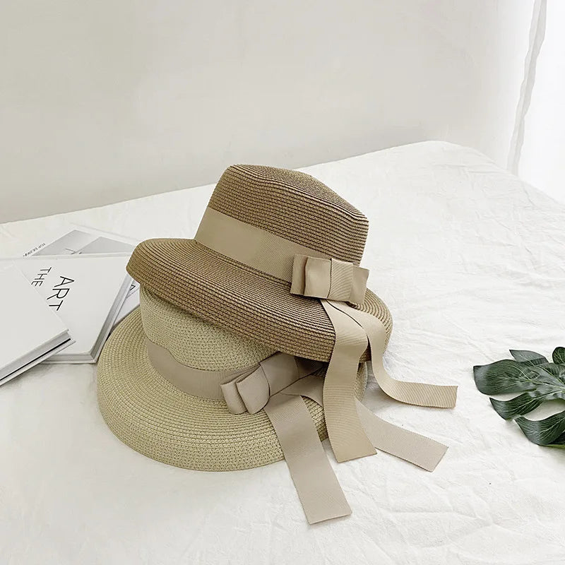 2025 New Summer Sun Hat Bow Straw Hat Visor Temperament Flat Panama Hats Women's Sea Beach Vacation Leisure Sunscreen Hat