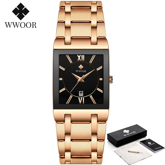 WWOOR Fashion Square White Watches Mens Top Brand Luxury Quartz Wristwatches For Men Casual Waterproof Silver Clock Reloj Hombre