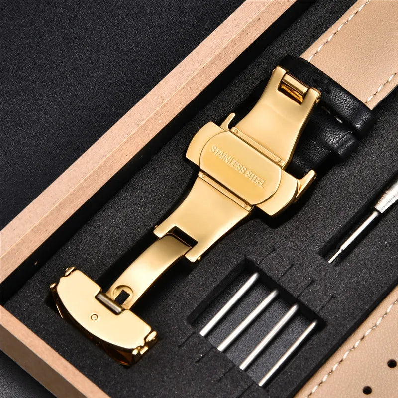 18mm 20mm 22mm 24mm Leather Watch Strap with Box Stainless Steel Butterly Clasp Leather Strap Bracelet Men Women Watchbands