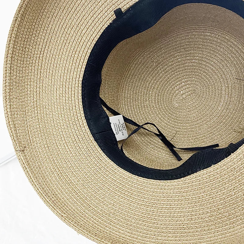 2025 New Summer Sun Hat Bow Straw Hat Visor Temperament Flat Panama Hats Women's Sea Beach Vacation Leisure Sunscreen Hat