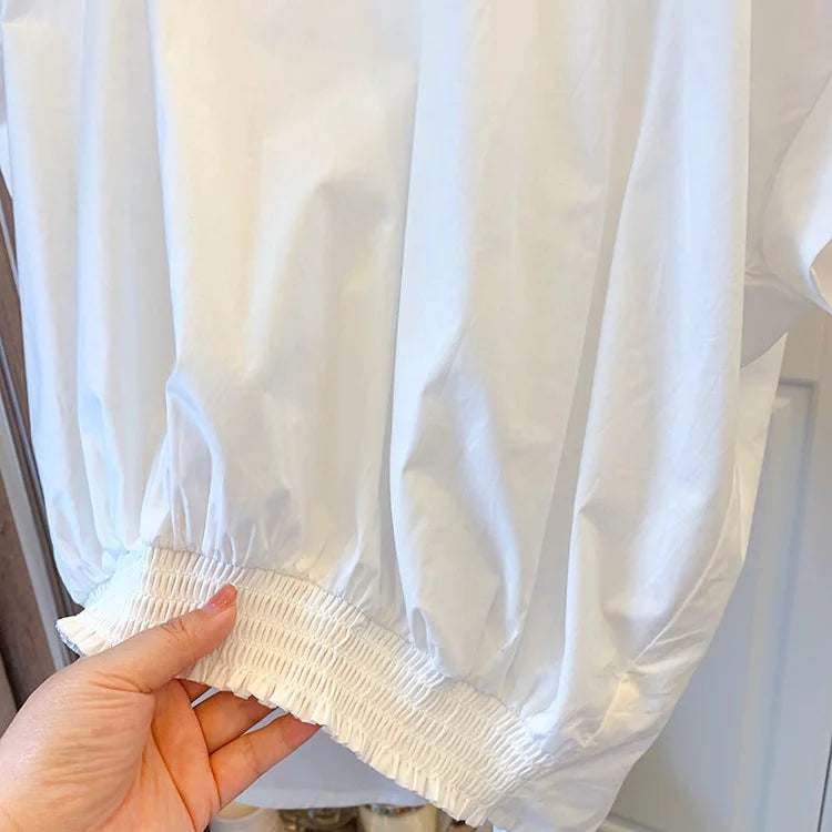Woherb Cotton Asymmetrical Crop Blouse Women Korean Pleated Bow Bandage Shirt Casual O-neck Solid Elegant Blusas Mujer Moda 2026