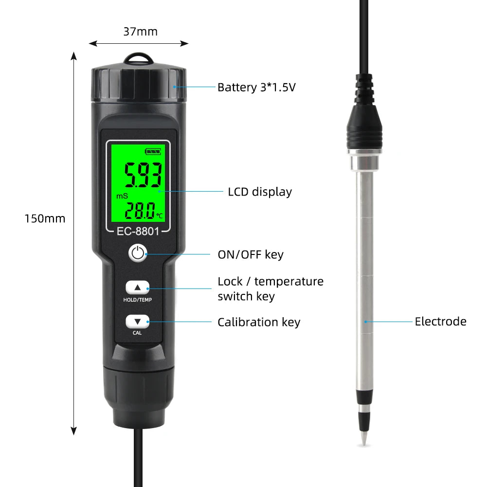Digital EC/Temp Soil Tester 0.00~10.00mS/cm Conductivity Meter High Accuracy Sensor with ATC for Hydroponics Planting Gardening