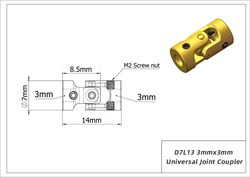 GKTOOLS Mini Coupling Brass Universal Joint 3mmx3mm Diameter 7mm Length 13mm Model Ship Coupler Gimbal