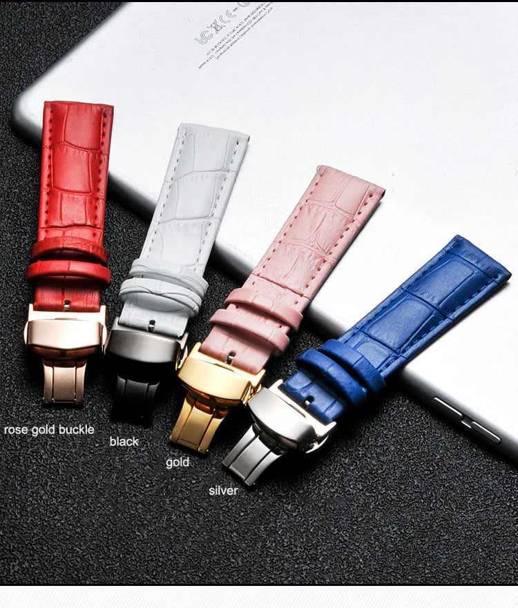 Calfskin Leather WatchBand 12mm 13mm 14mm 15mm 16mm 17mm 18mm 19mm 20mm 21mm 22mm 23mm 24mm Wrist Strap Butterfly Buckle Band