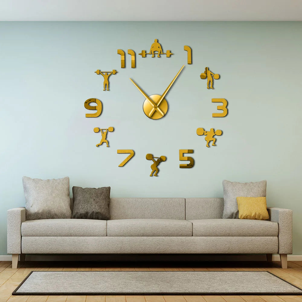 Weightlifting Fitness Room Wall Decor DIY Giant Wall Clock Mirror Effect Powerlifting Frameless Large Wall Clock GYM Wall Watch