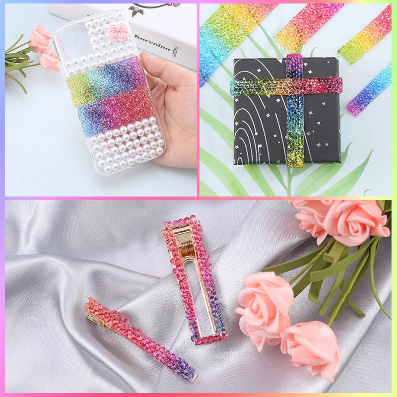 Rainbow Aurora Color Rhinestones Ribbon For Bows Sewing Resin Trim Strass Hot Fix Rhinestone Tape Applicator Iron On Appliques