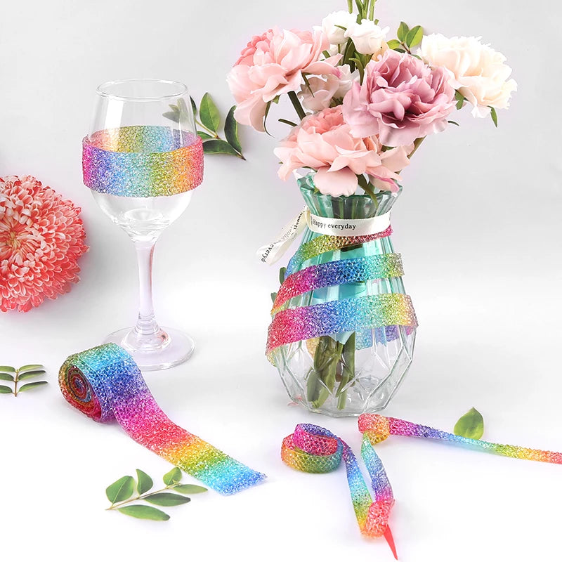 Rainbow Aurora Color Rhinestones Ribbon For Bows Sewing Resin Trim Strass Hot Fix Rhinestone Tape Applicator Iron On Appliques