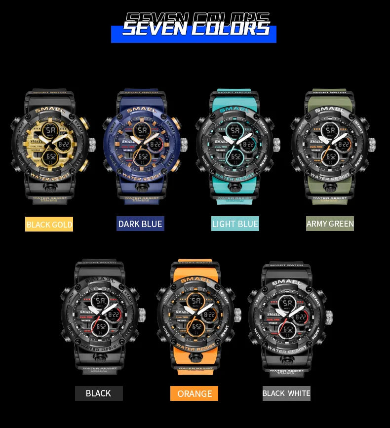 SMAEL Sport Watch for Male Quartz LED Digital Stopwatch Big Dial Clock Waterproof Dual Time Display Wristwatch