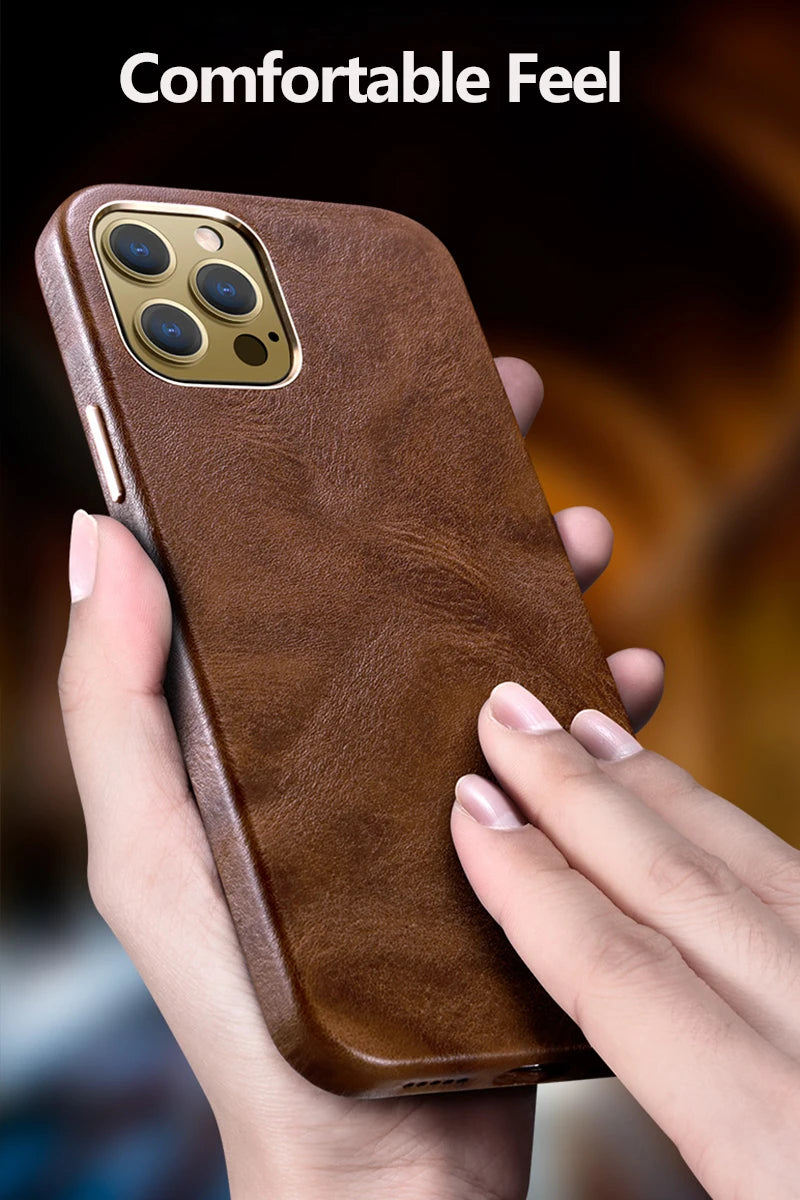 Genuine Leather Case for iPhone 15 Pro Vintage Real Skin Luxury Phone Back Cover for iPhone 15 Pro Max Business Men