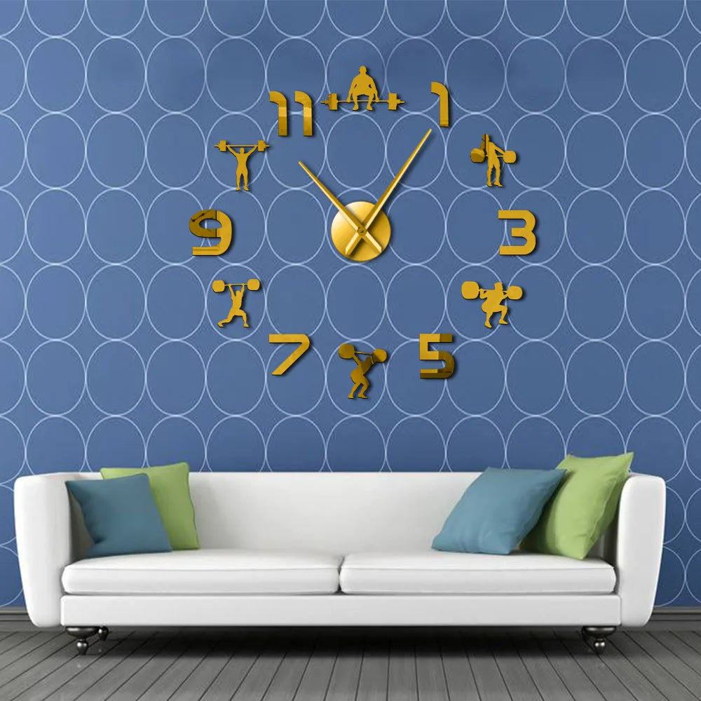 Weightlifting Fitness Room Wall Decor DIY Giant Wall Clock Mirror Effect Powerlifting Frameless Large Wall Clock GYM Wall Watch