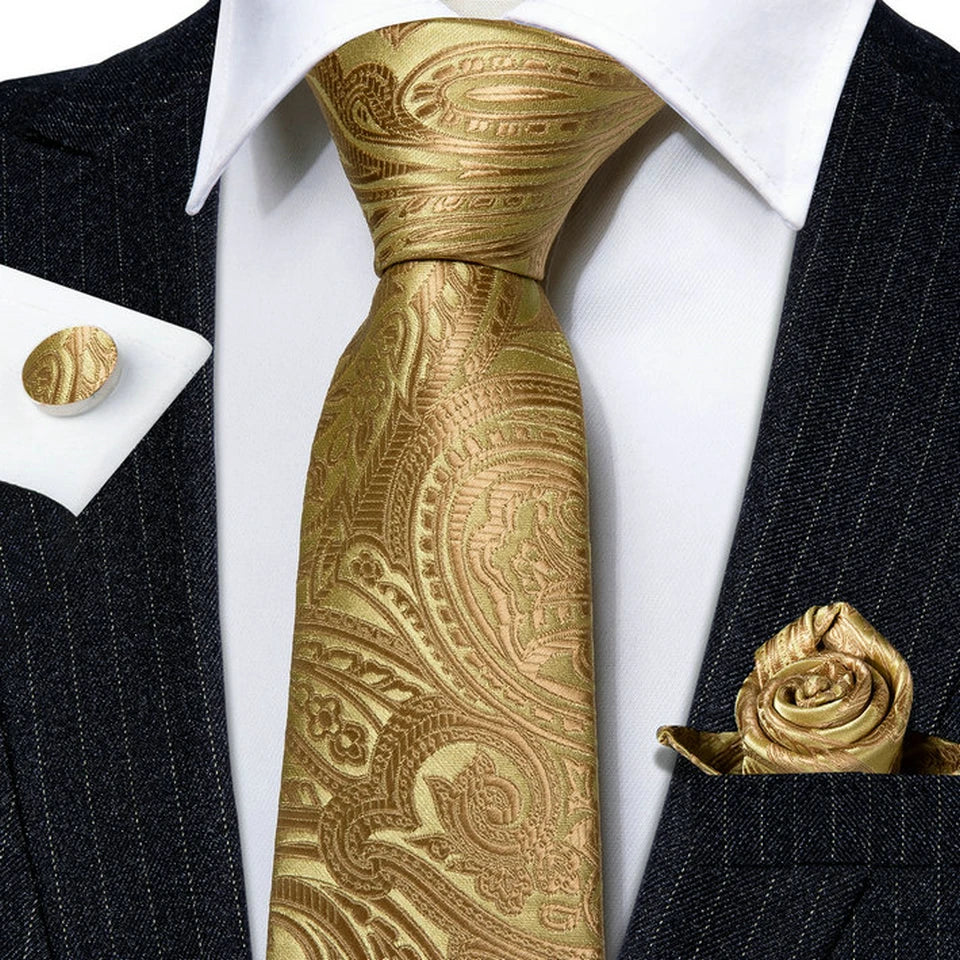 Free Shipping Men's Yellow PaisleyTie Classic Wedding Necktie and Pocket Square Cufflinks Set