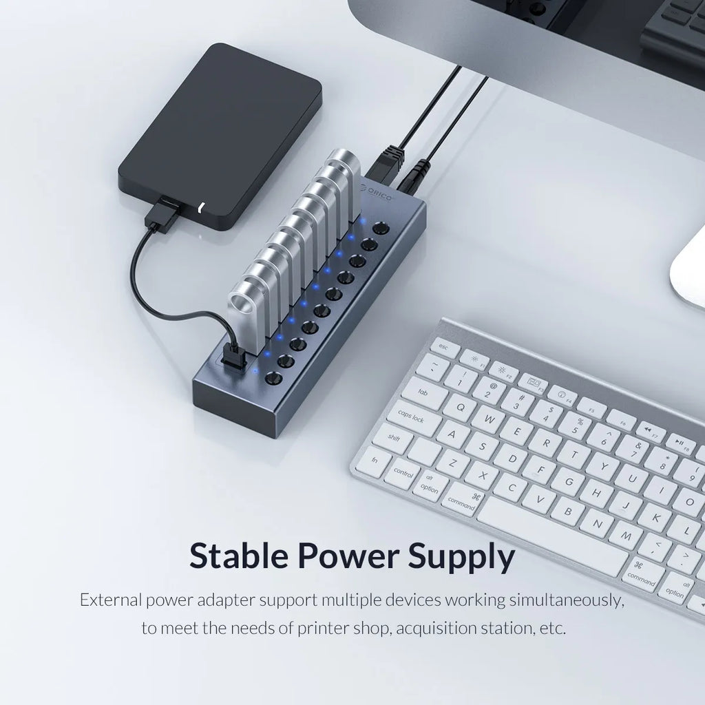 ORICO Industrial USB 3.0 HUB 7/10/13/16 Aluminum USB Splitter On/Off Switch With 12V Power Adapter Support Charging for Computer