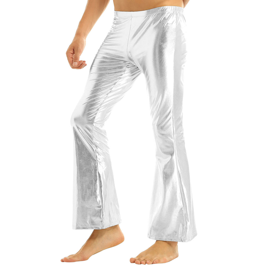 Men Metallic Shiny Flared Pants Retro Disco Costume Elastic Waistband Bell Bottom Trousers Long Pants 70s Party Show Clubwear