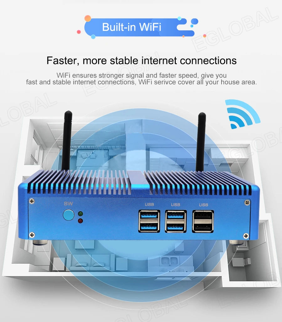 Eglobal Cheap Fanless Mini PC Windows 10 Pro Intel i5 7200U i3 7167U DDR4/DDR3 Barebone Computer Components4K HTPC WiFi HDMI VGA