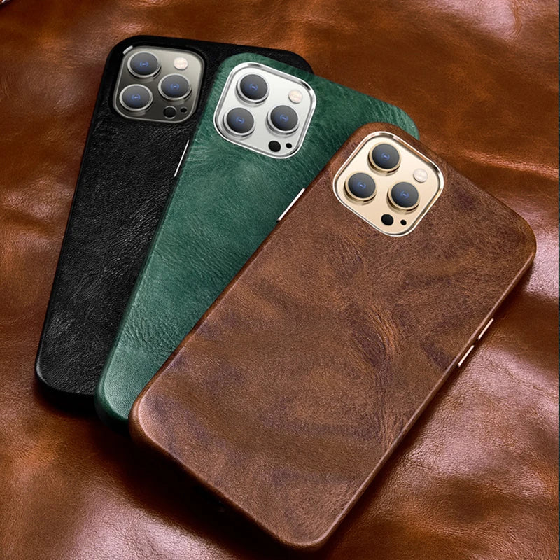 Genuine Leather Case for iPhone 15 Pro Vintage Real Skin Luxury Phone Back Cover for iPhone 15 Pro Max Business Men