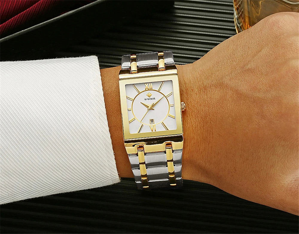 WWOOR Fashion Square White Watches Mens Top Brand Luxury Quartz Wristwatches For Men Casual Waterproof Silver Clock Reloj Hombre