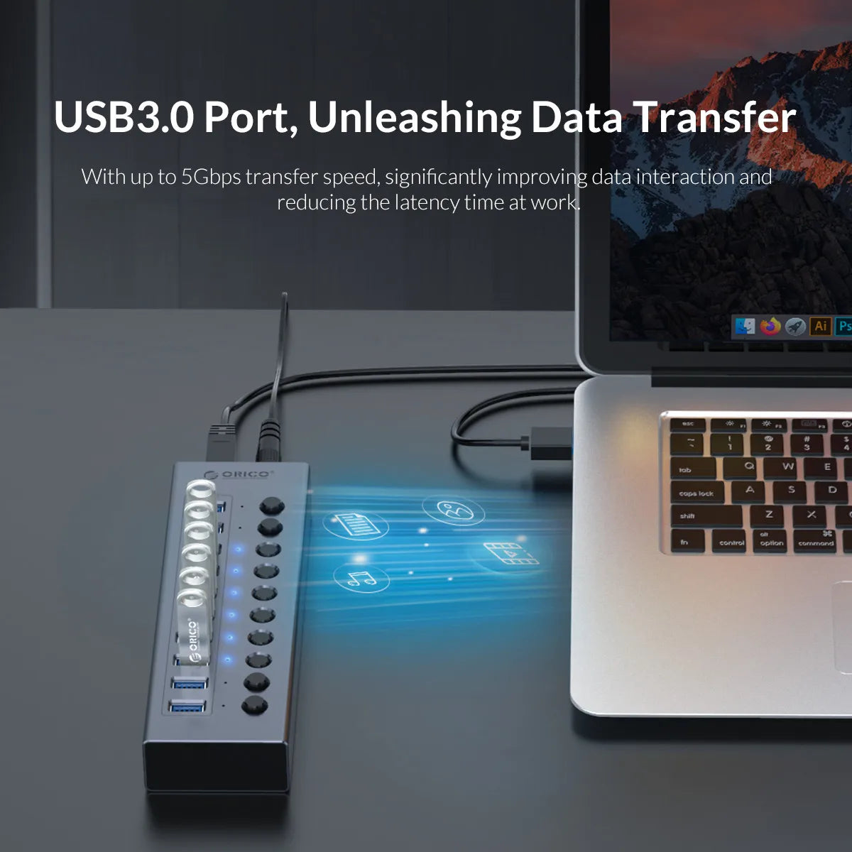 ORICO Industrial USB 3.0 HUB 7/10/13/16 Aluminum USB Splitter On/Off Switch With 12V Power Adapter Support Charging for Computer