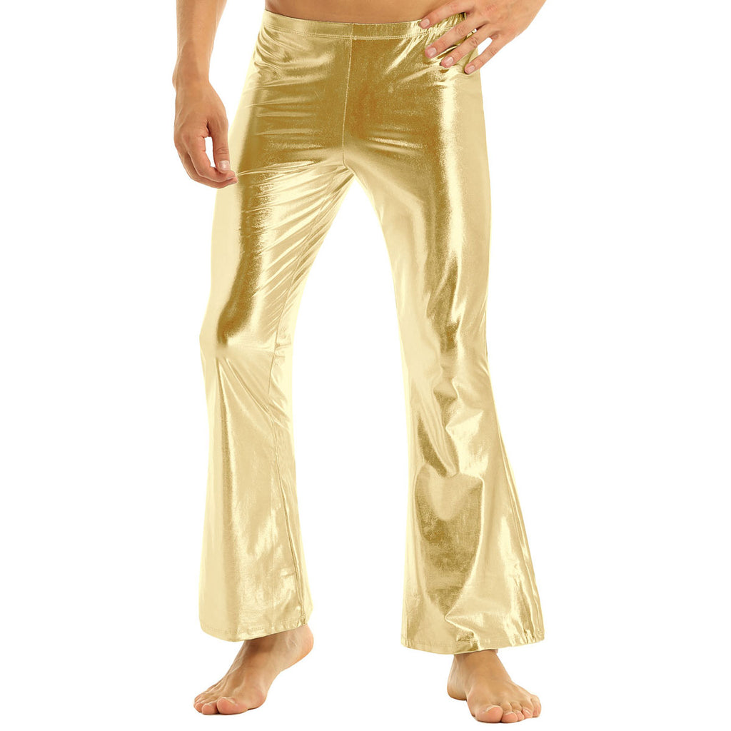 Men Metallic Shiny Flared Pants Retro Disco Costume Elastic Waistband Bell Bottom Trousers Long Pants 70s Party Show Clubwear