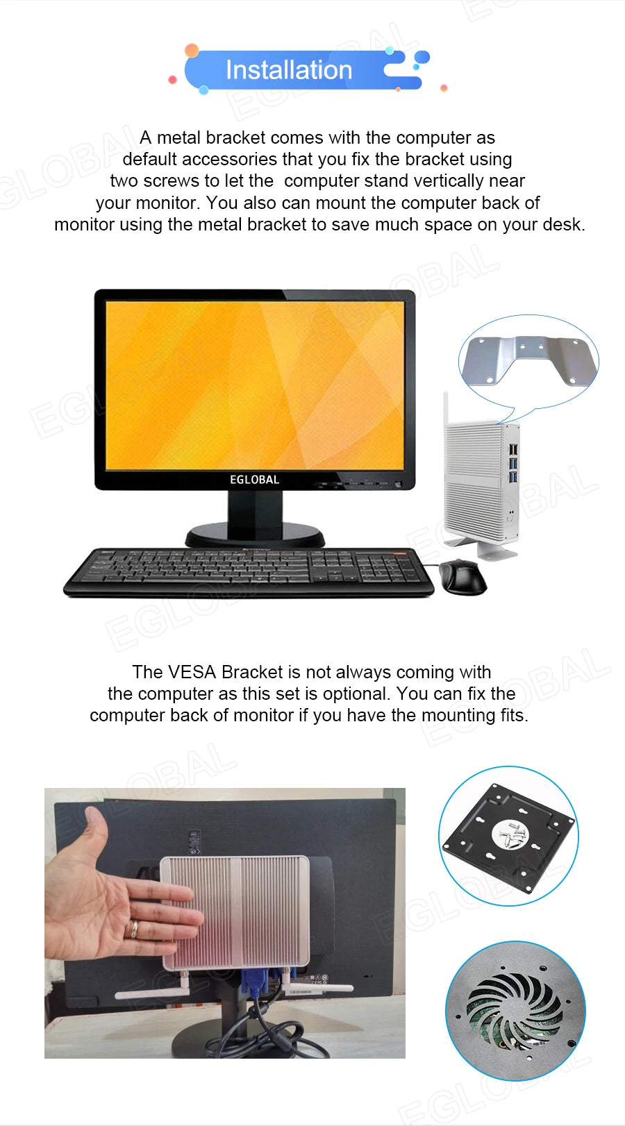 Eglobal Cheap Fanless Mini PC Windows 10 Pro Intel i5 7200U i3 7167U DDR4/DDR3 Barebone Computer Components4K HTPC WiFi HDMI VGA