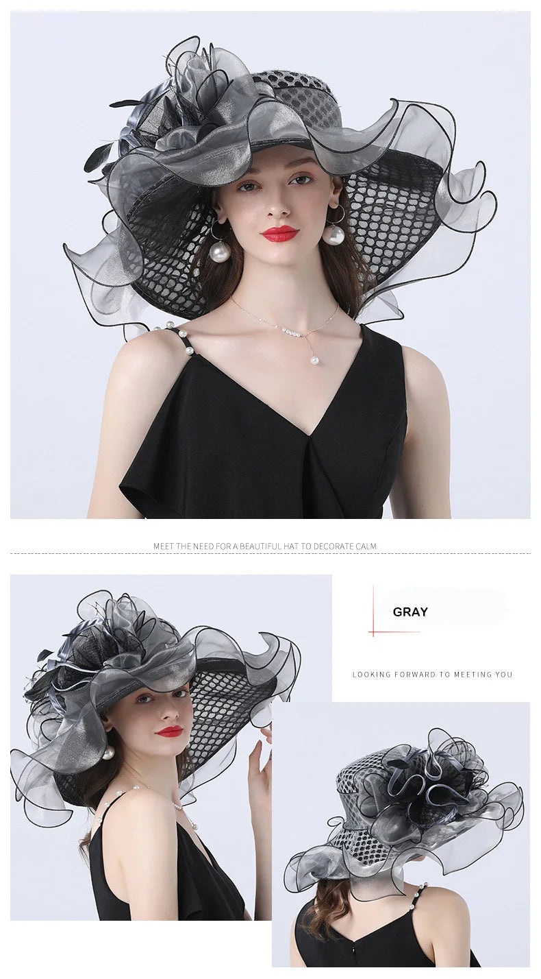 FS Women Organza Red Hats Wedding Fascinators Elegant Big Wide Brim Fedora Kentucky Derby Hats Party Formal Church Ladies Hat