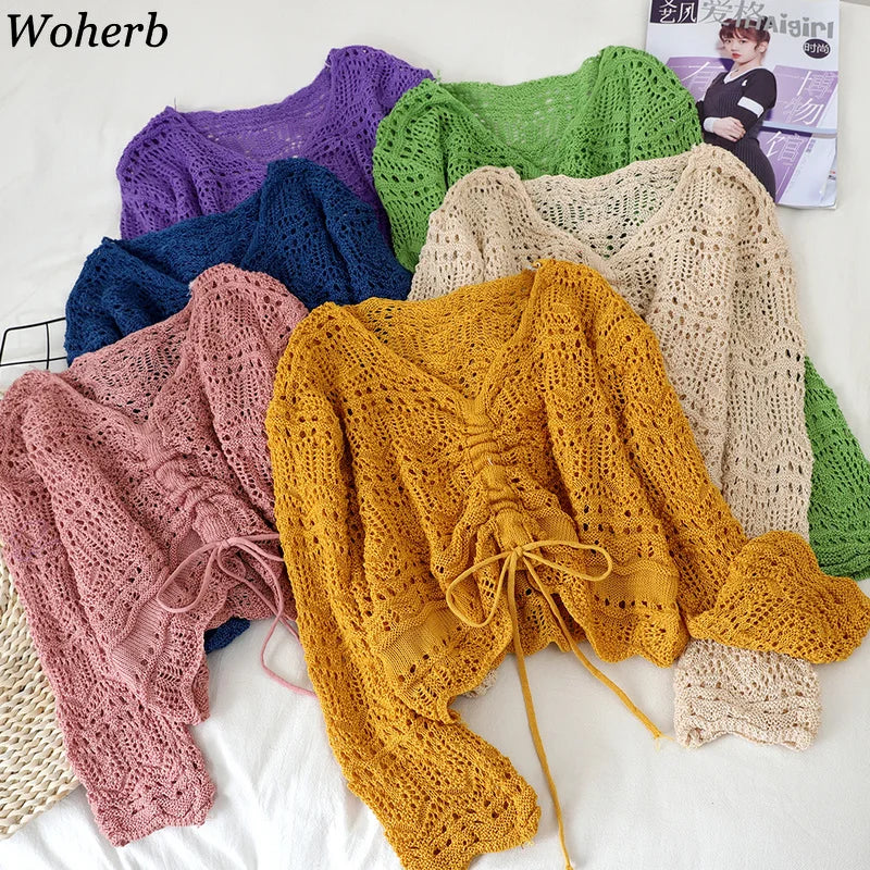 Woherb Cotton Asymmetrical Crop Blouse Women Korean Pleated Bow Bandage Shirt Casual O-neck Solid Elegant Blusas Mujer Moda 2026
