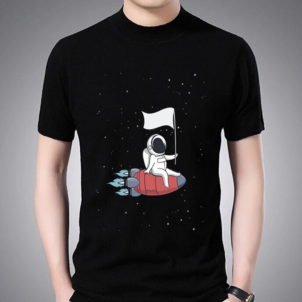 Fashion T-shirt Men's Classic Little Astronaut Printed Pattern Series All-match Casual O-neck Commuter Comfortable Top T-shirt