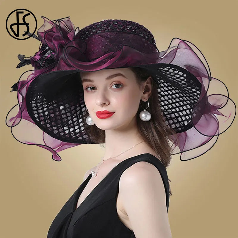 FS Women Organza Red Hats Wedding Fascinators Elegant Big Wide Brim Fedora Kentucky Derby Hats Party Formal Church Ladies Hat