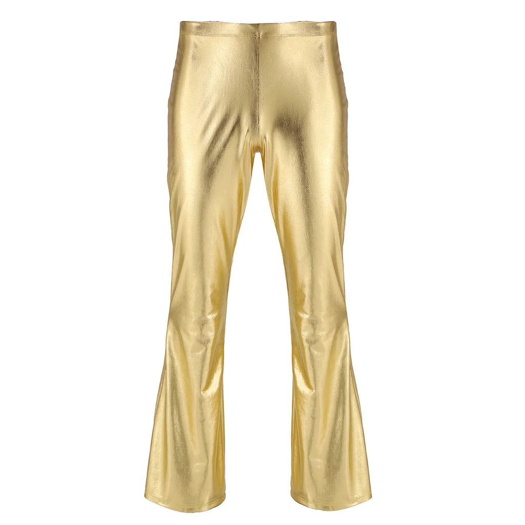 Men Metallic Shiny Flared Pants Retro Disco Costume Elastic Waistband Bell Bottom Trousers Long Pants 70s Party Show Clubwear