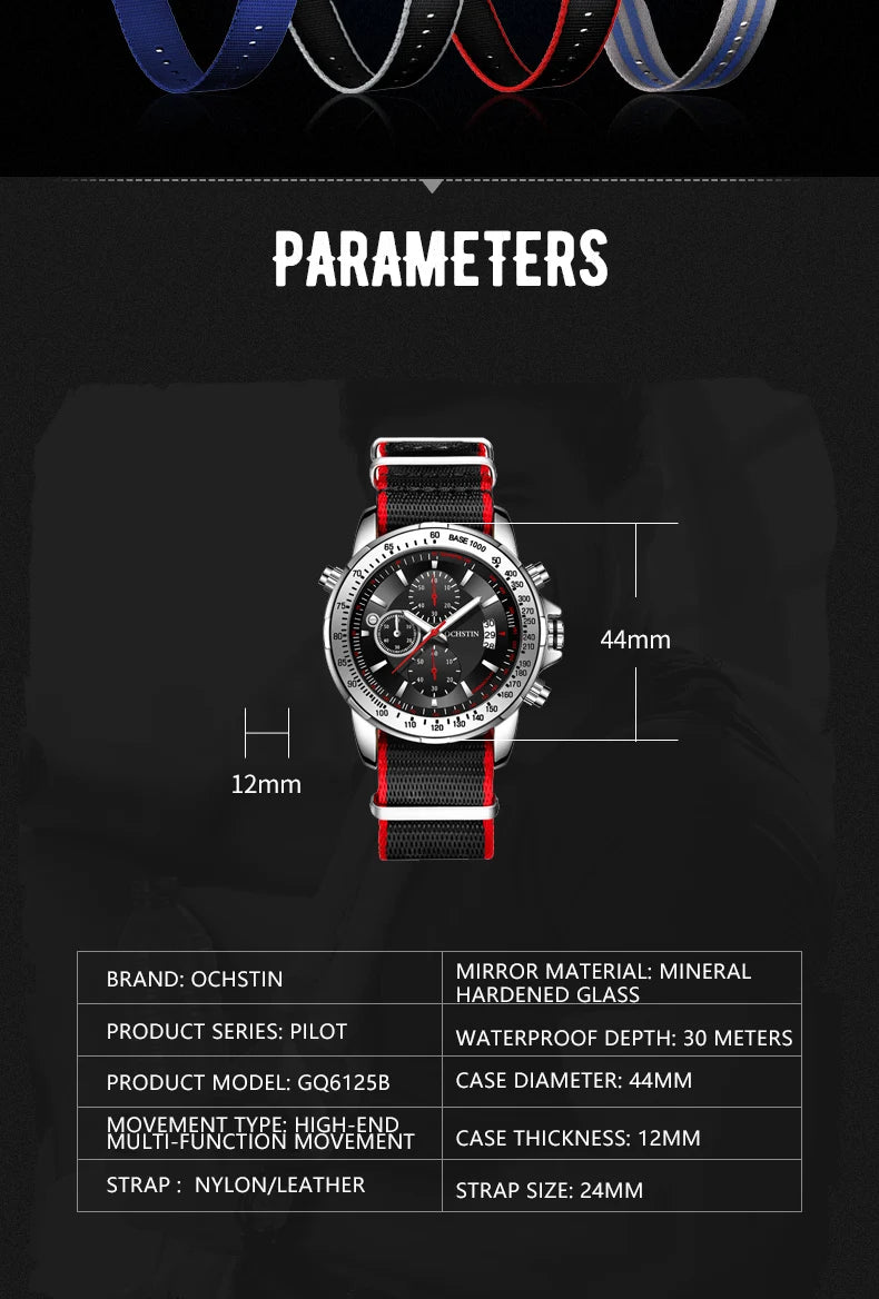 2025 New OCHSTIN Mens Pilot Watch Military Wristwatches For Men  Sports Chronograph Waterproof Nylon Leather Quartz Male Clock