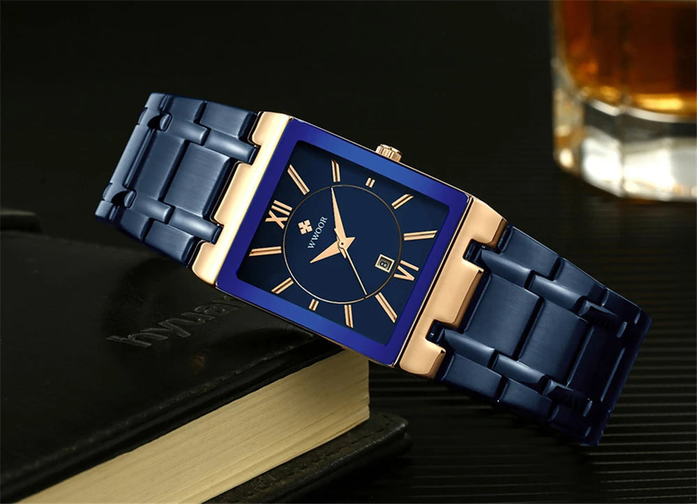WWOOR Fashion Square White Watches Mens Top Brand Luxury Quartz Wristwatches For Men Casual Waterproof Silver Clock Reloj Hombre