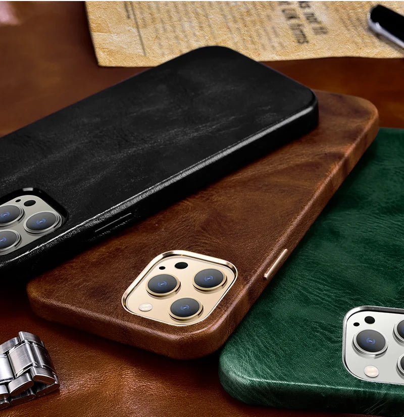 Genuine Leather Case for iPhone 15 Pro Vintage Real Skin Luxury Phone Back Cover for iPhone 15 Pro Max Business Men