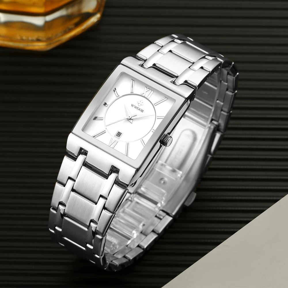 WWOOR Fashion Square White Watches Mens Top Brand Luxury Quartz Wristwatches For Men Casual Waterproof Silver Clock Reloj Hombre