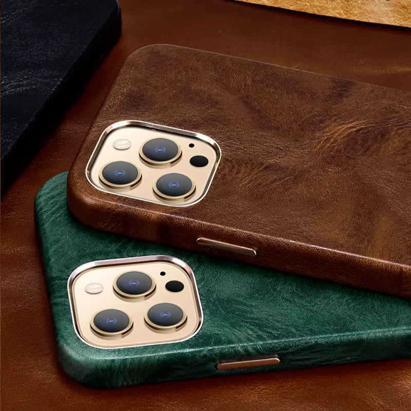 Genuine Leather Case for iPhone 15 Pro Vintage Real Skin Luxury Phone Back Cover for iPhone 15 Pro Max Business Men