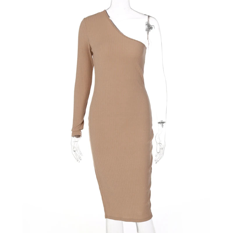 Solid Striped Knitted Women Long Sleeve One Shoulder Midi Dress Bodycon Sexy Streetwear 2021 Autumn Winter Elegant Club