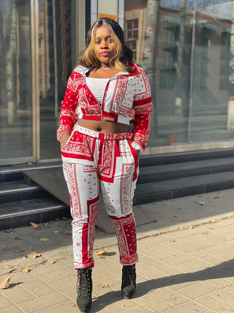 Paisley Bandana Print Two 2 Piece Set Women Fitness Sweatsuit Zipper Up Sweatshirt + Jogger Pants Set Tracksuit Vintage Outfits